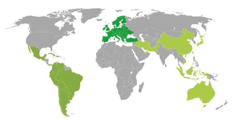 Mapa del mundo con las zonas de Pascoe coloreadas
